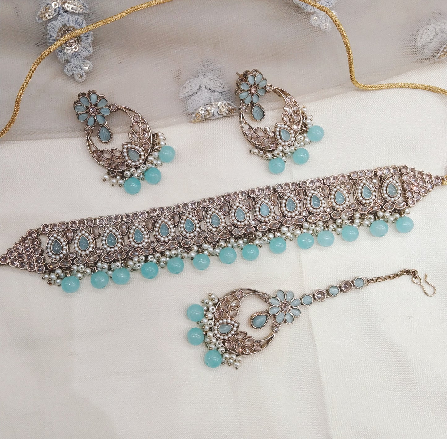 Sky Blue Choker Jewellery Sawree Set