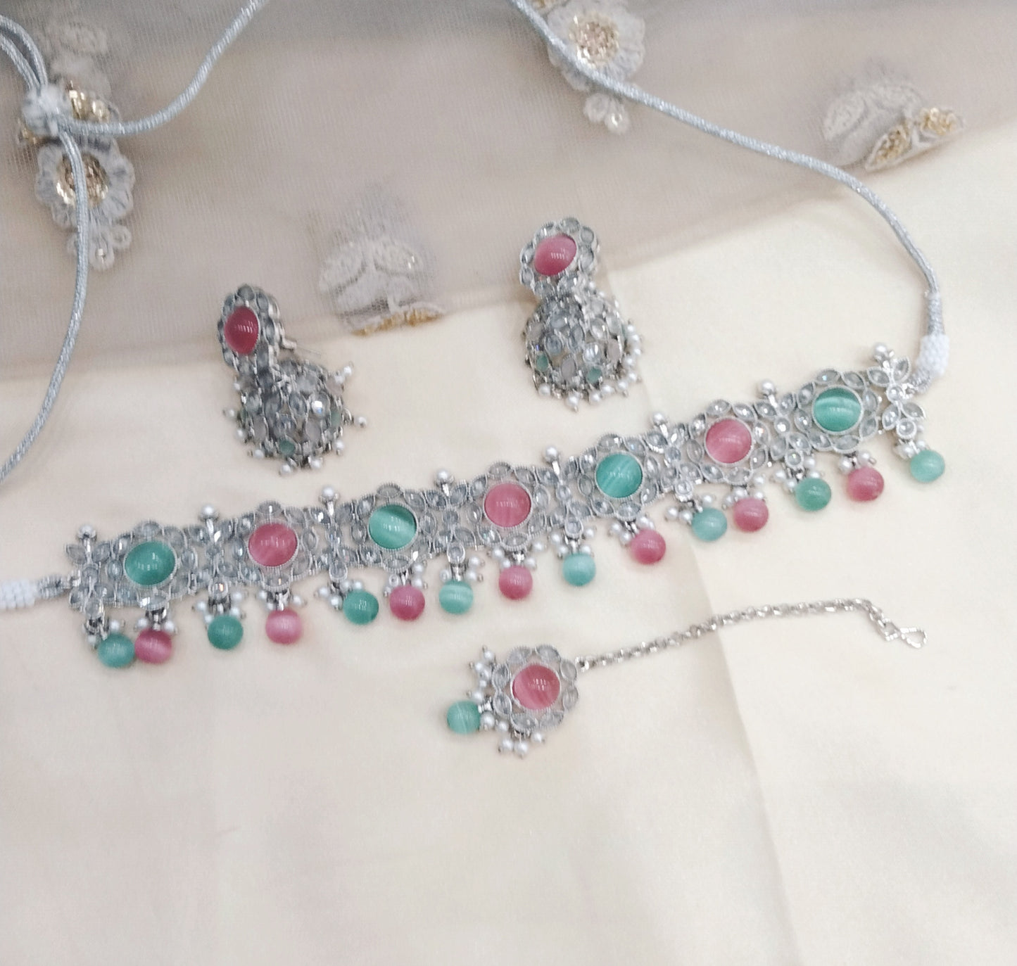 Silver Sea Green Pink Choker Jewellery Bendigo Set