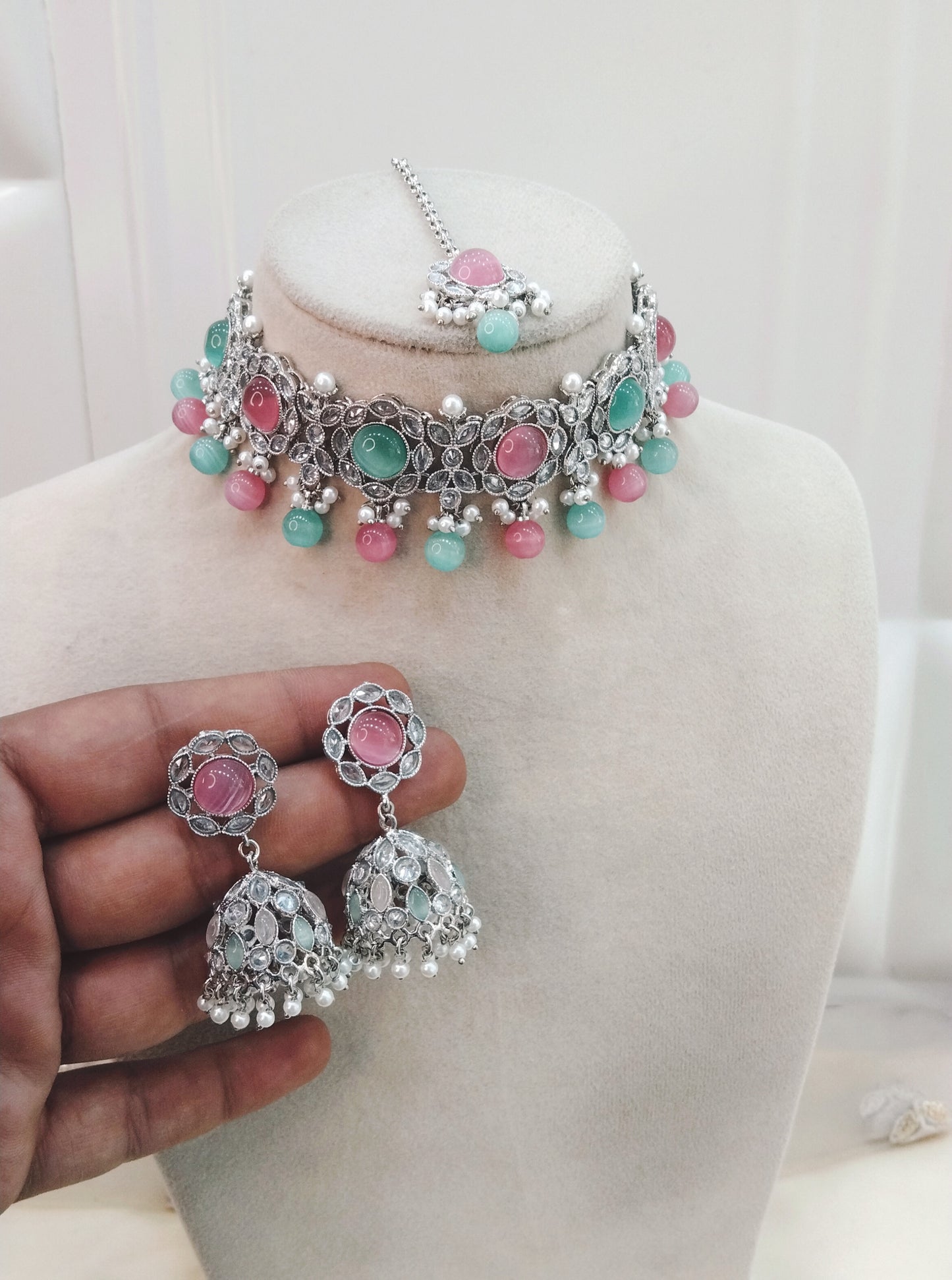 Silver Sea Green Pink Choker Jewellery Bendigo Set