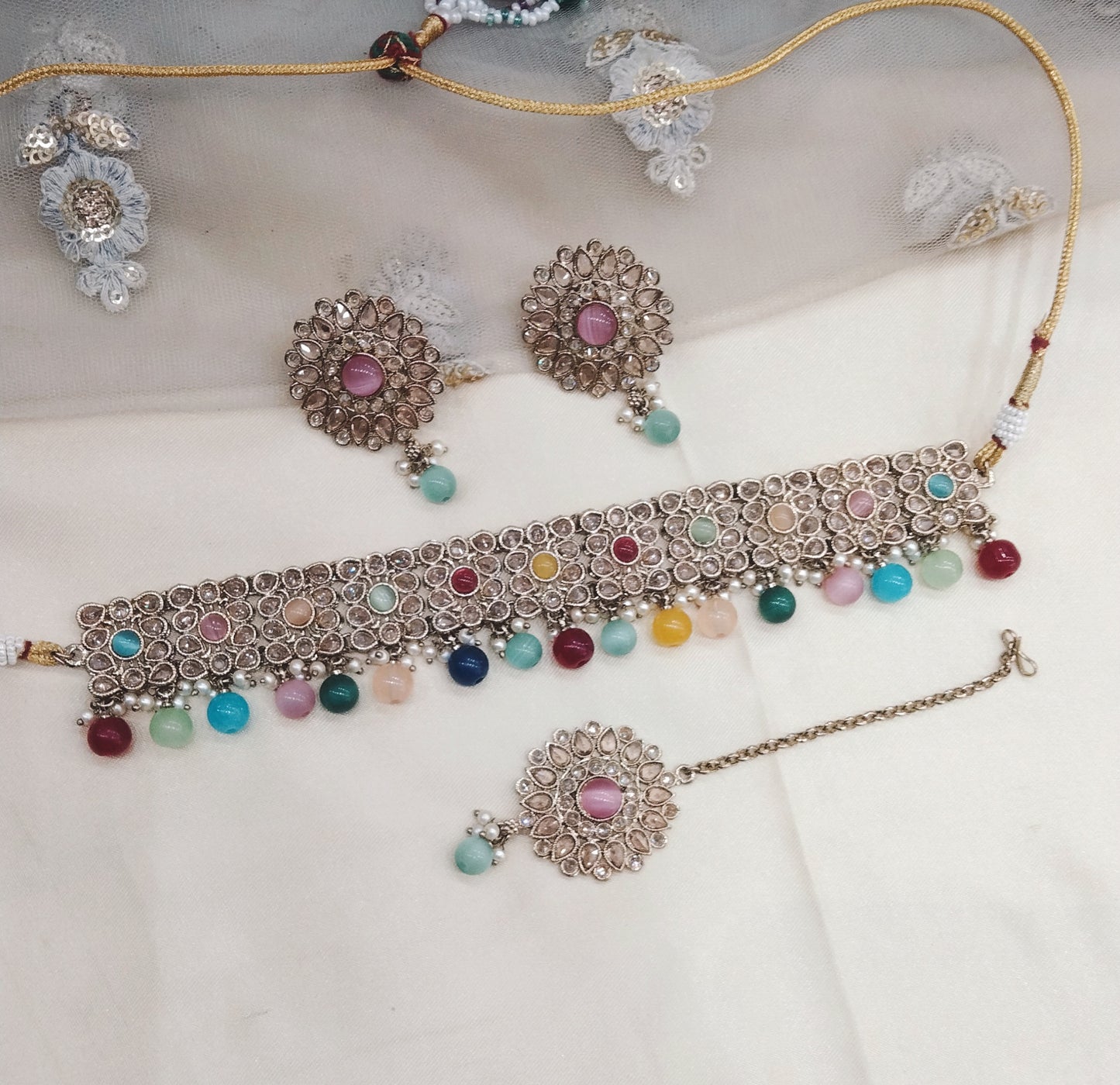 Mint Pink Choker Jewellery Holo  Set