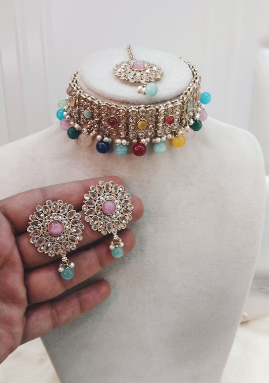 Mint Pink Choker Jewellery Holo  Set