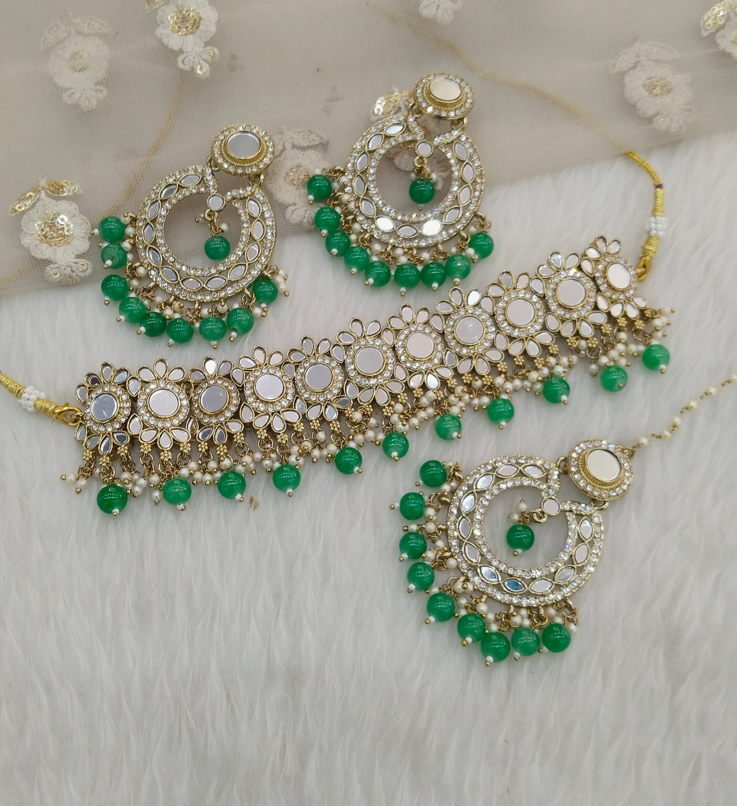 Green Mirror Kundan Choker Jewellery Line Set