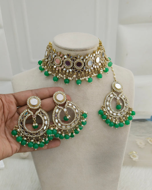 Green Mirror Kundan Choker Jewellery Line Set