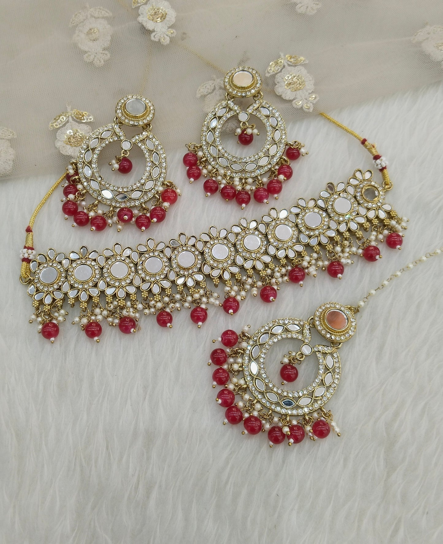 Maroon Mirror Kundan Choker Jewellery Line Set