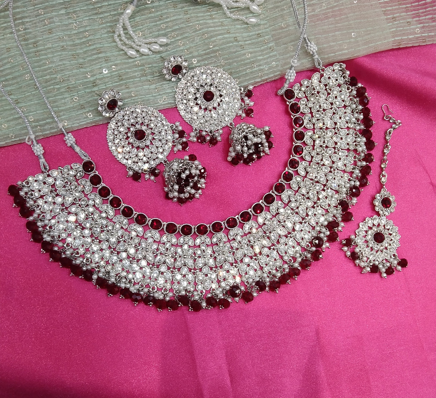 Silver Maroon Necklace Jewellery Ventura Set