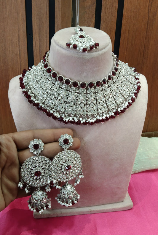 Silver Maroon Necklace Jewellery Ventura Set