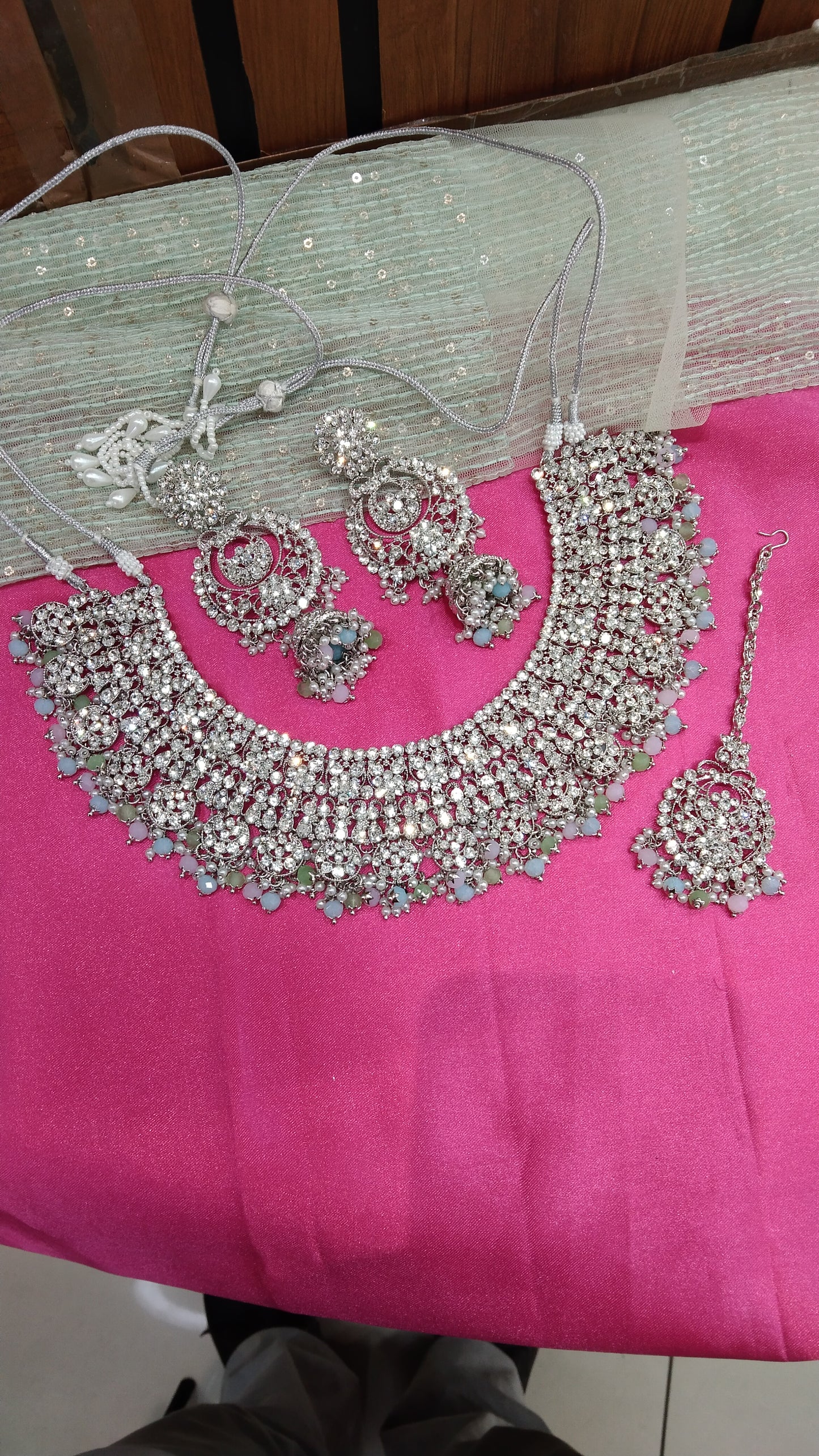 Silver Mint Pink Necklace Jewellery Perm Set