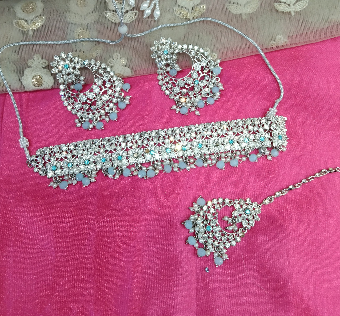 Silver Sky Blue Choker Jewellery Vinland Set
