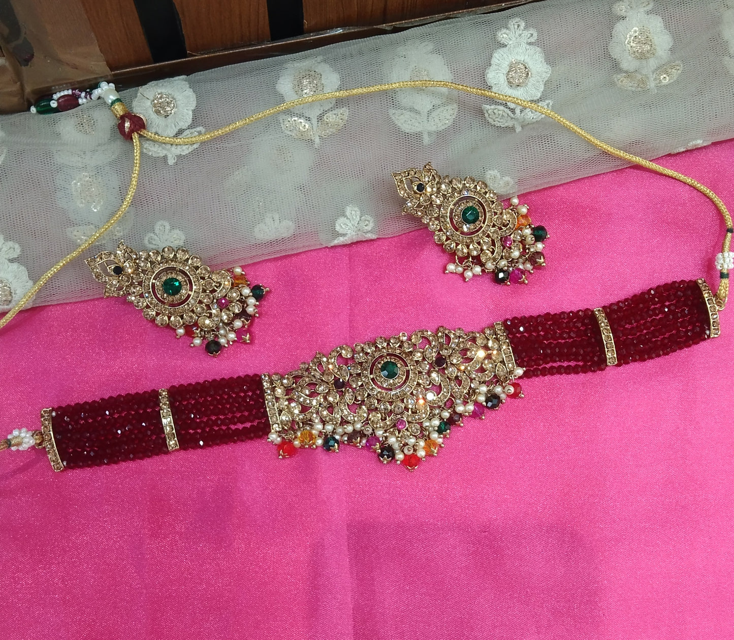 Maroon Green Choker Jewellery Imly Set
