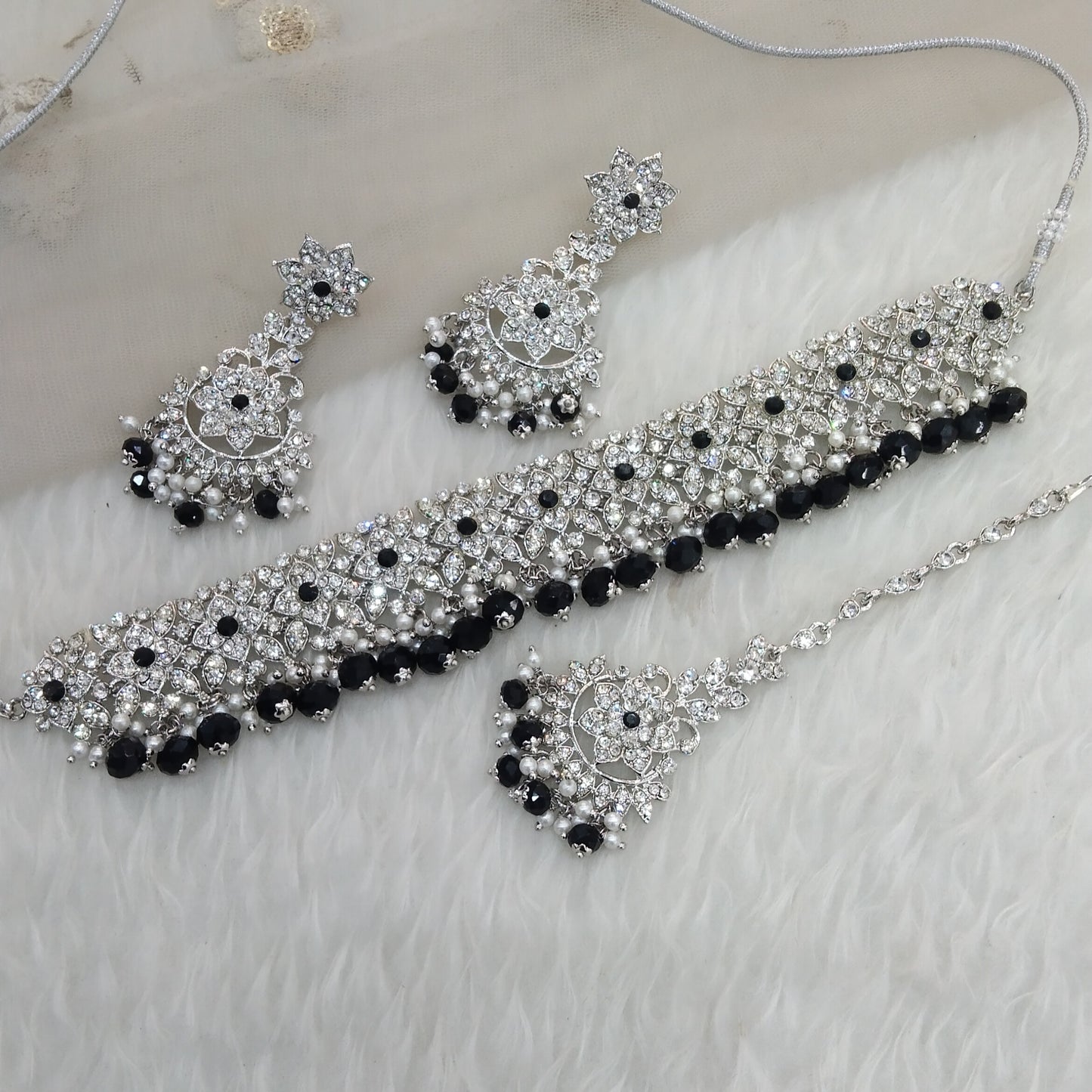 Silver Black Choker Jewellery Tesli Set