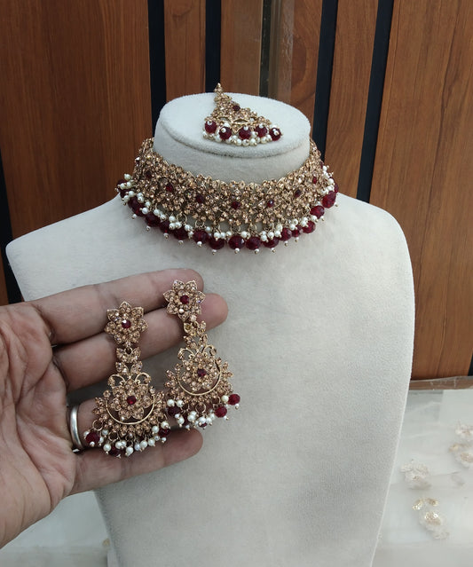Maroon Choker Jewellery Tesli Set