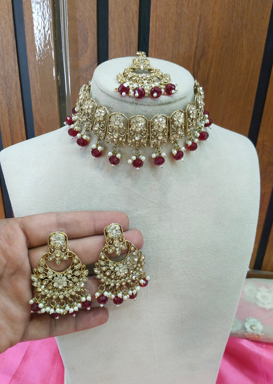 Maroon Choker Jewellery Pakistani Jhumar Tejasvi Set