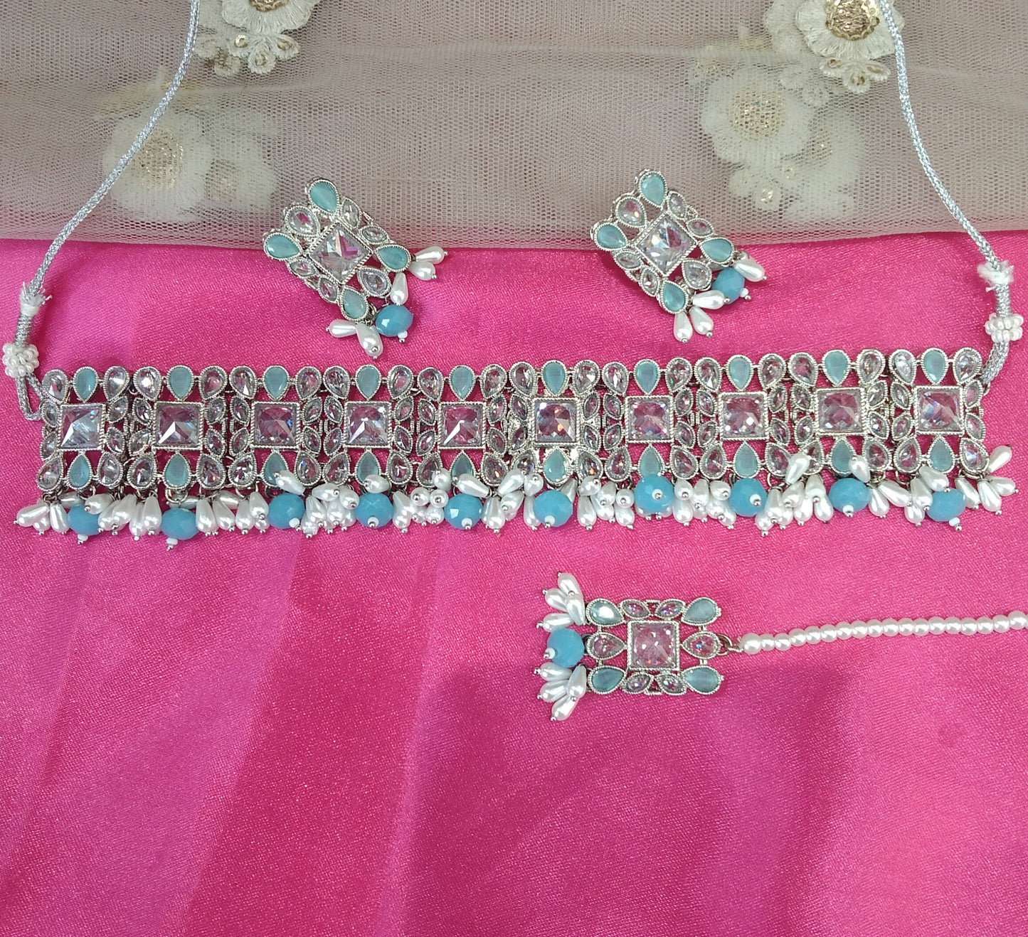Siver Sky Blue Choker Jewellery Setu Set