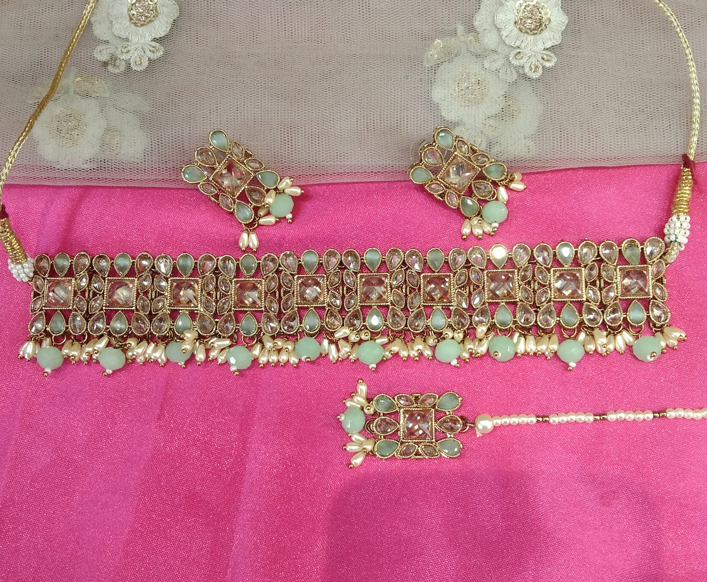 Mint Color Choker Jewellery Setu Set