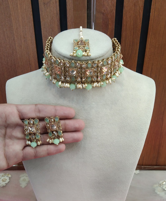 Mint Color Choker Jewellery Setu Set