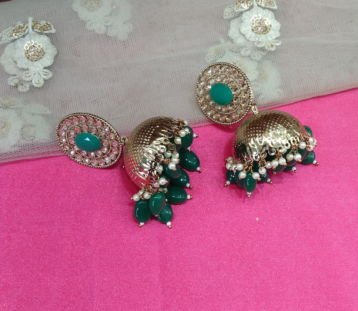Green Jhumka Sara Bollywood Earrings
