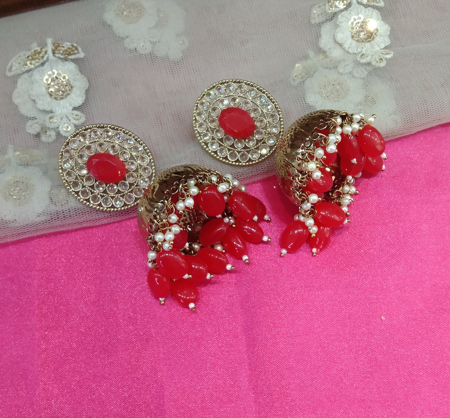 Red Jhumka Sara Bollywood Earrings