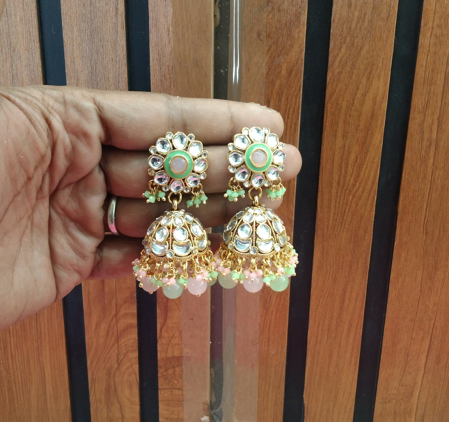 Mint Pink Kundan Jhumka Emporio Bollywood Earrings
