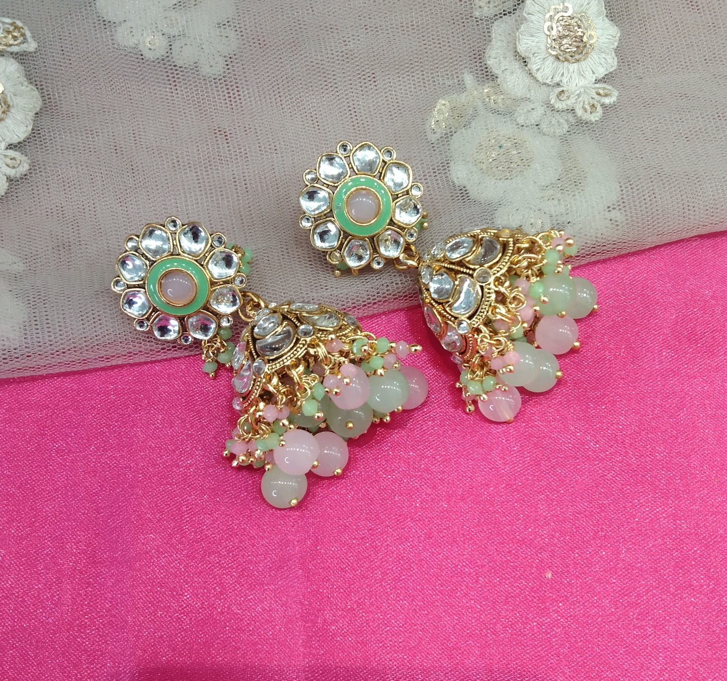 Mint Pink Kundan Jhumka Emporio Bollywood Earrings