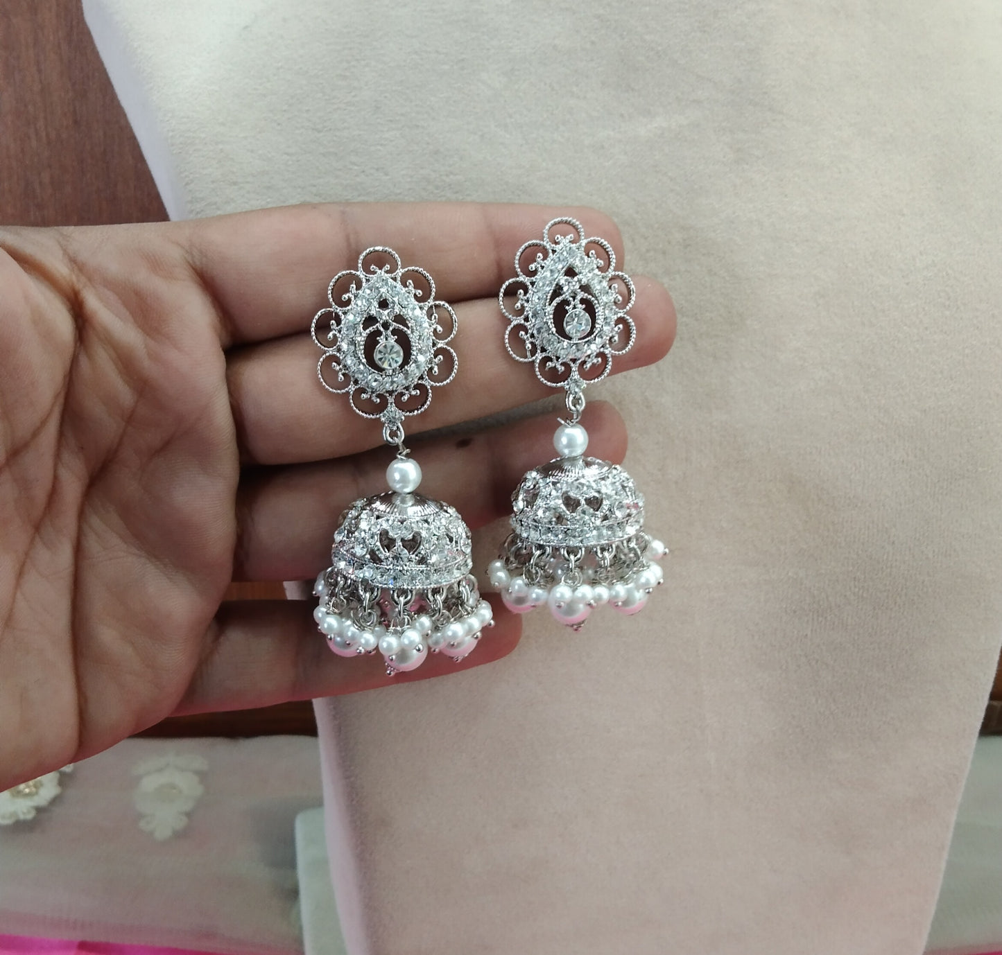 Silver White Jhumka kamal Bollywood Earrings