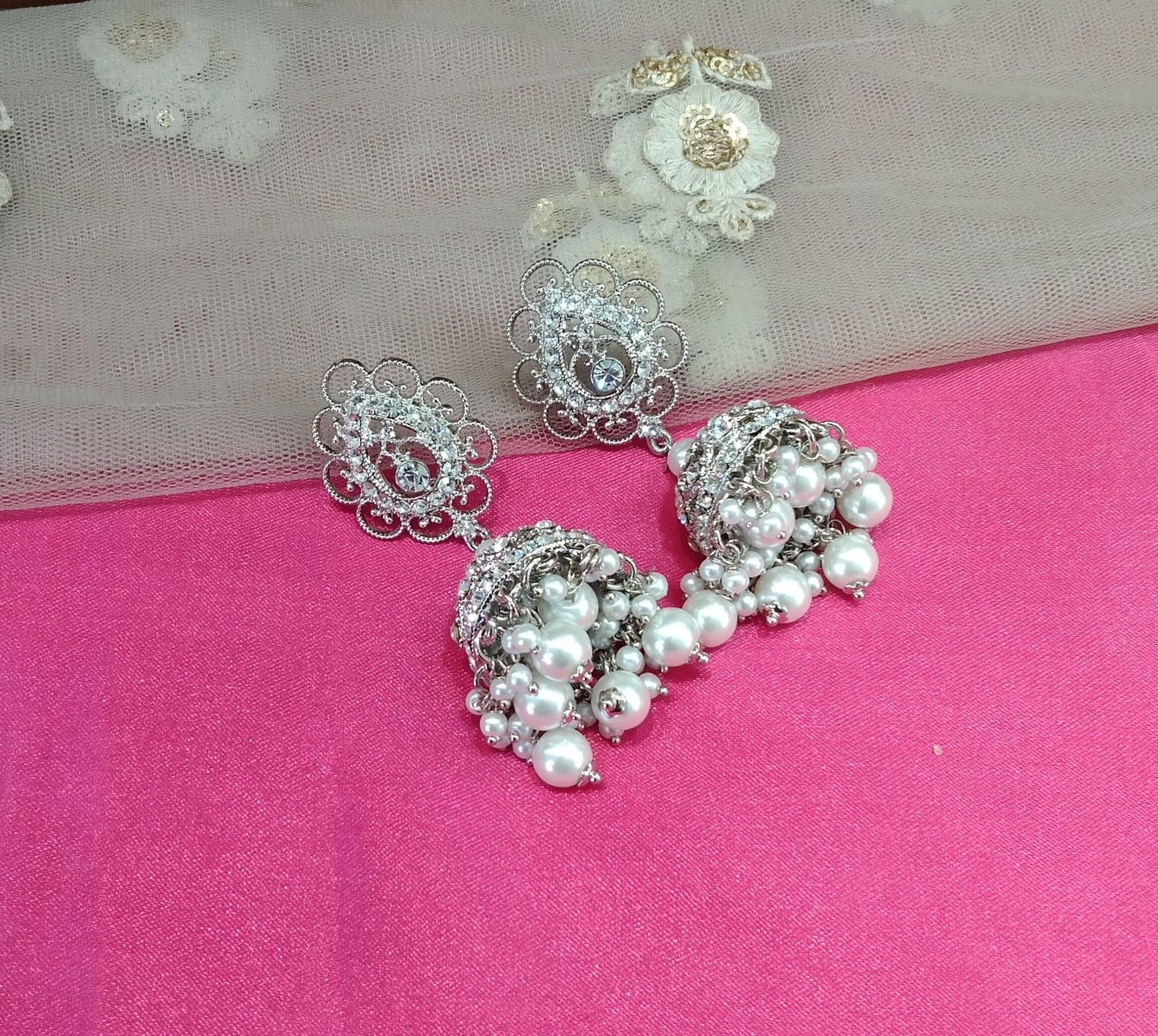 Silver White Jhumka kamal Bollywood Earrings