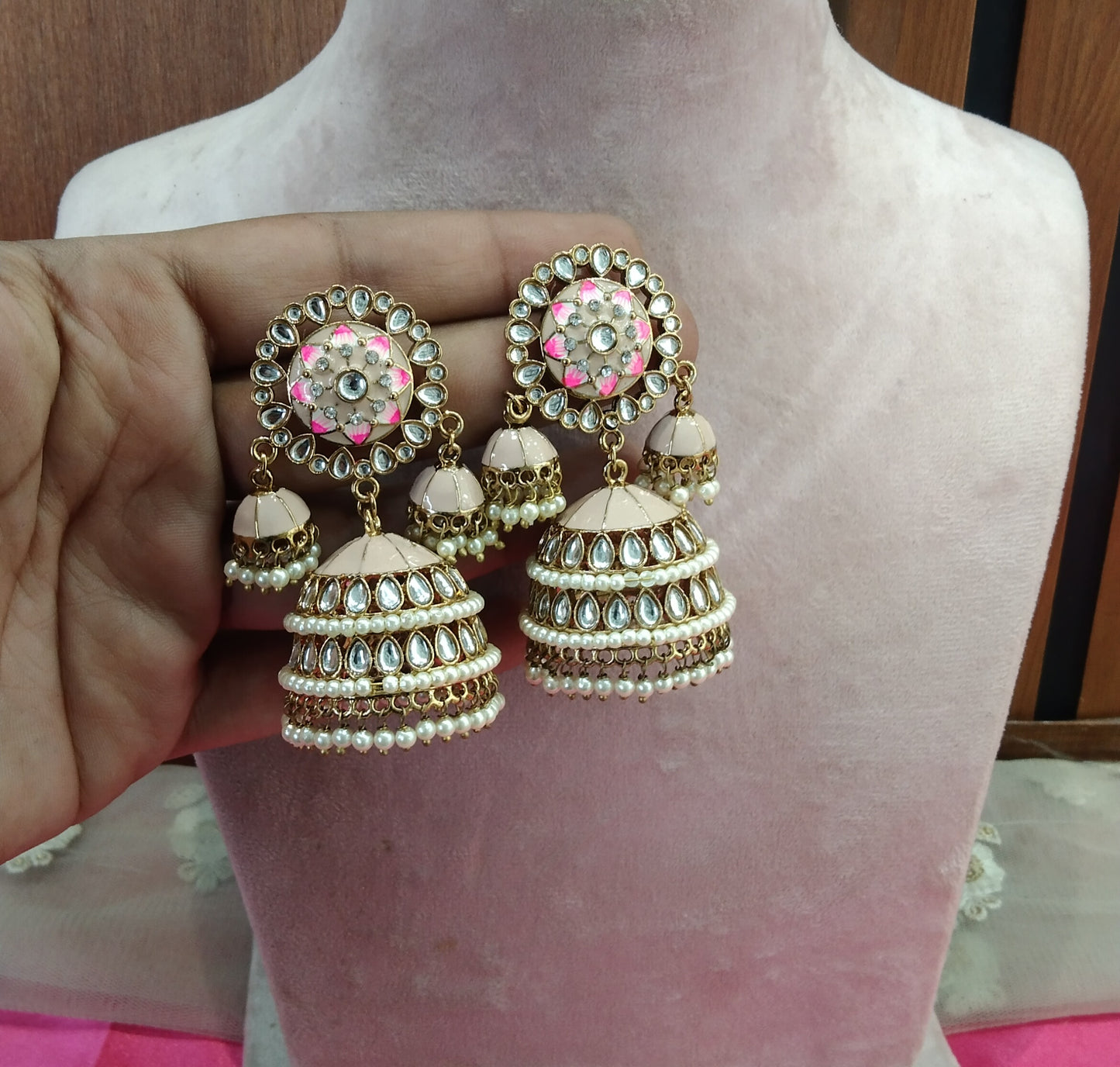 Peach Kundan Jhumka Ava Bollywood Earrings