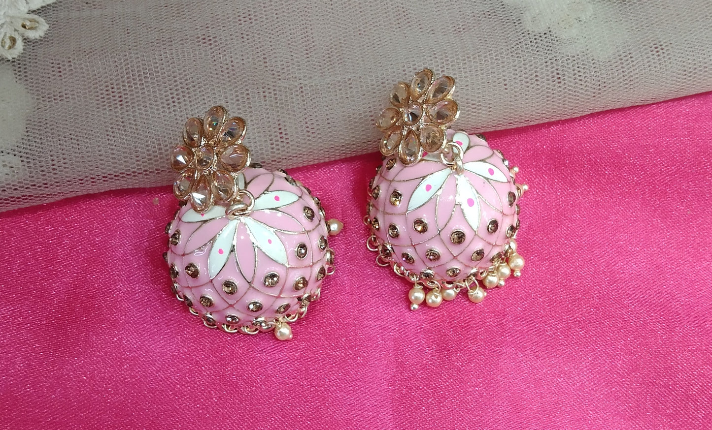 Baby Pink Kundan Jhumka Honey Bollywood Earrings