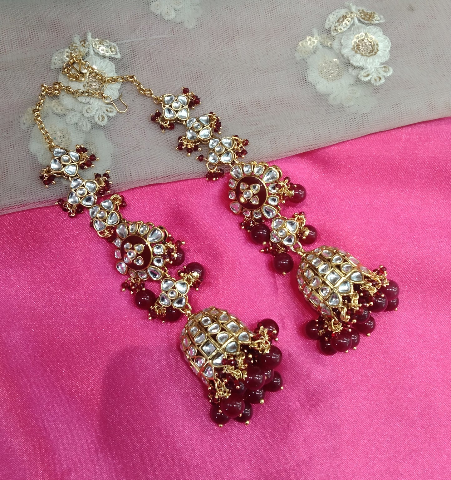 Maroon Kundan Jhumka Header Bollywood Earrings