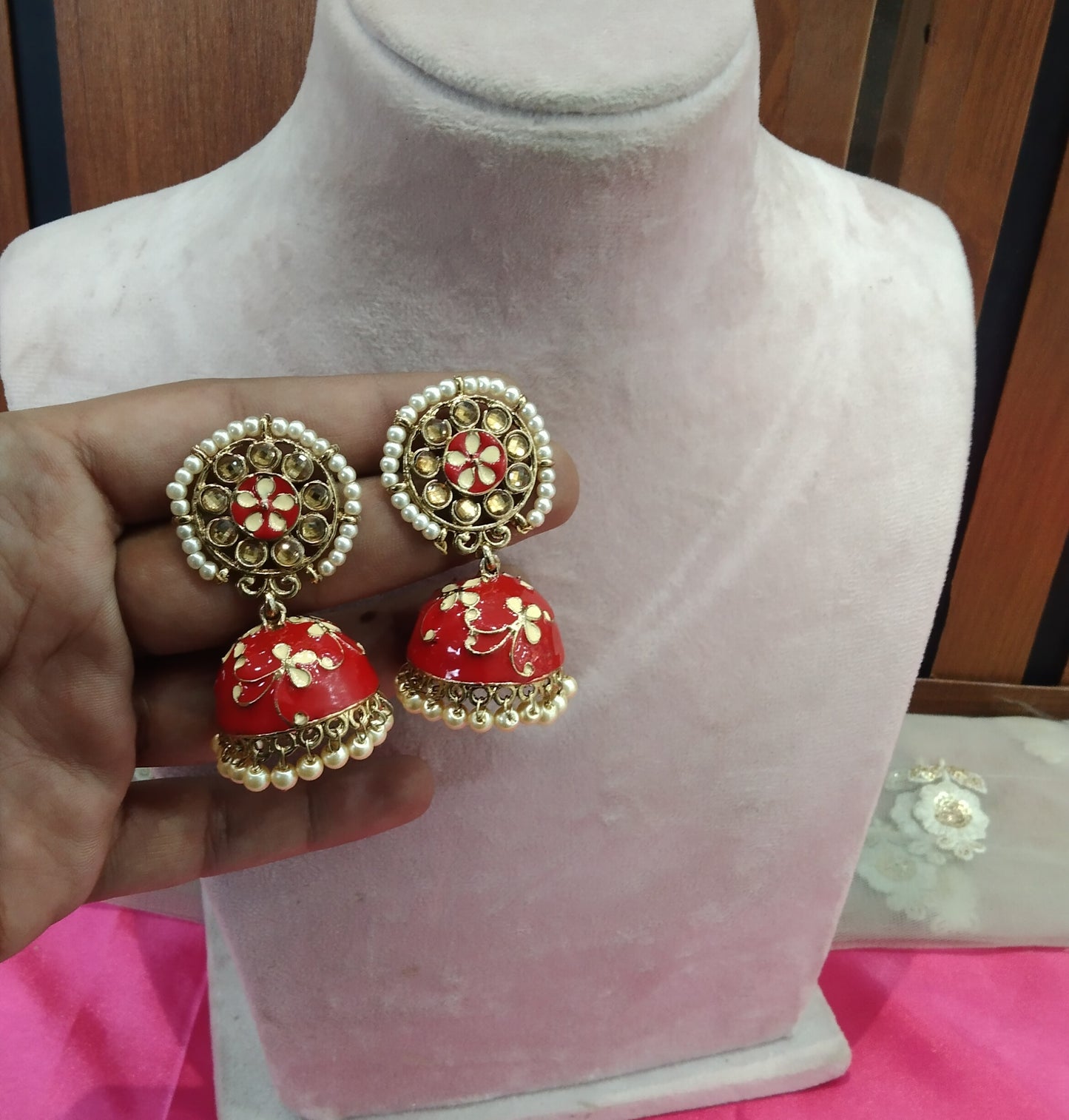 Red Kundan Meenakari Jhumka Alone Bollywood Earrings