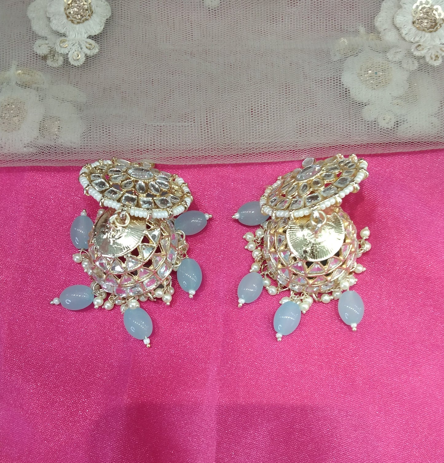 Sky Blue Kundan Jhumka Page Bollywood Earrings