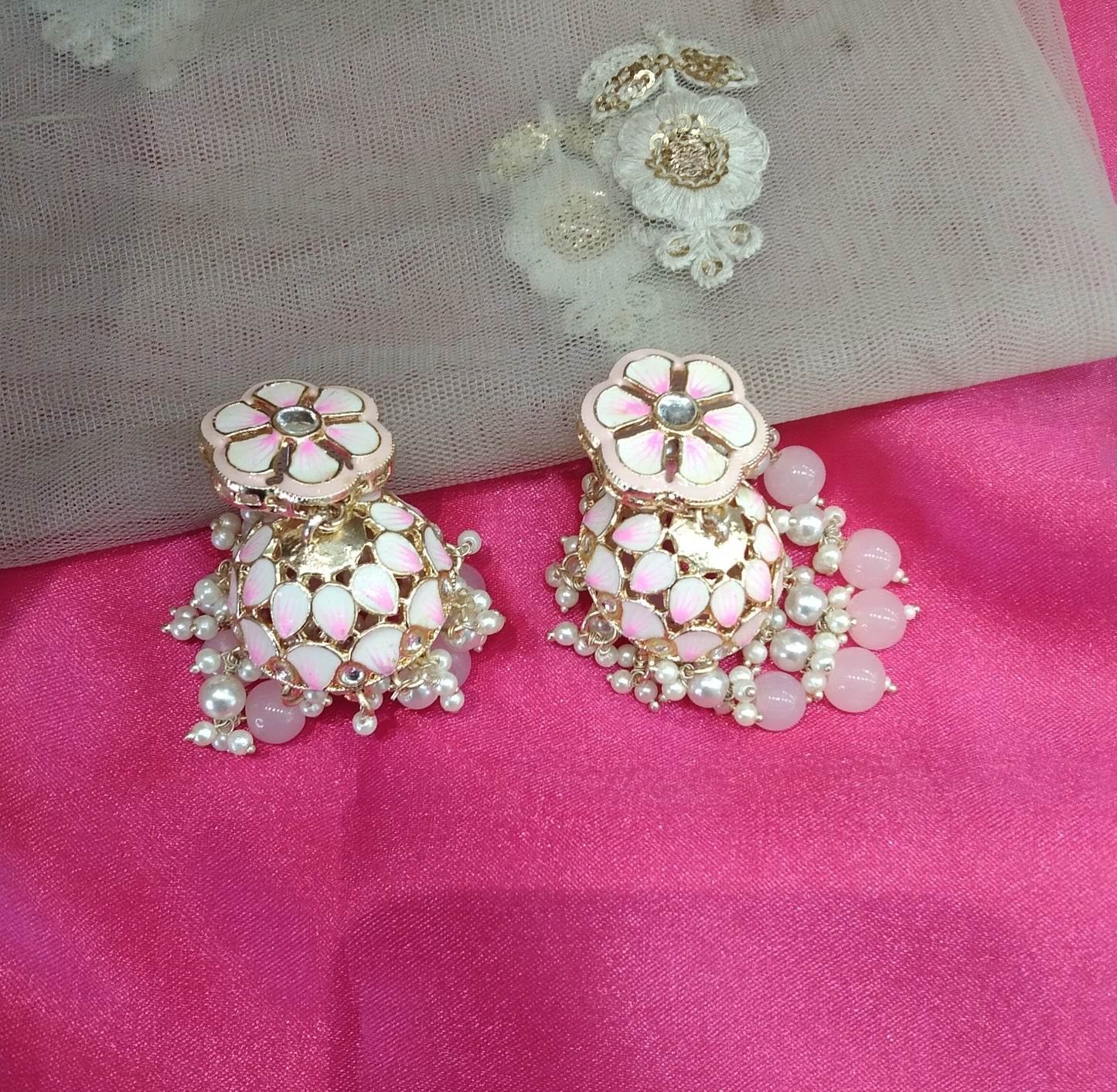 Pink Meenakari Jhumka Kesariya Bollywood Earrings