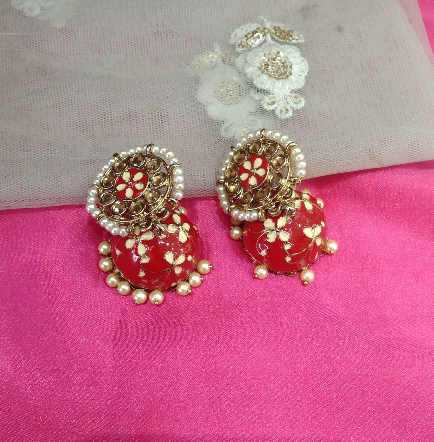 Red Kundan Meenakari Jhumka Alone Bollywood Earrings