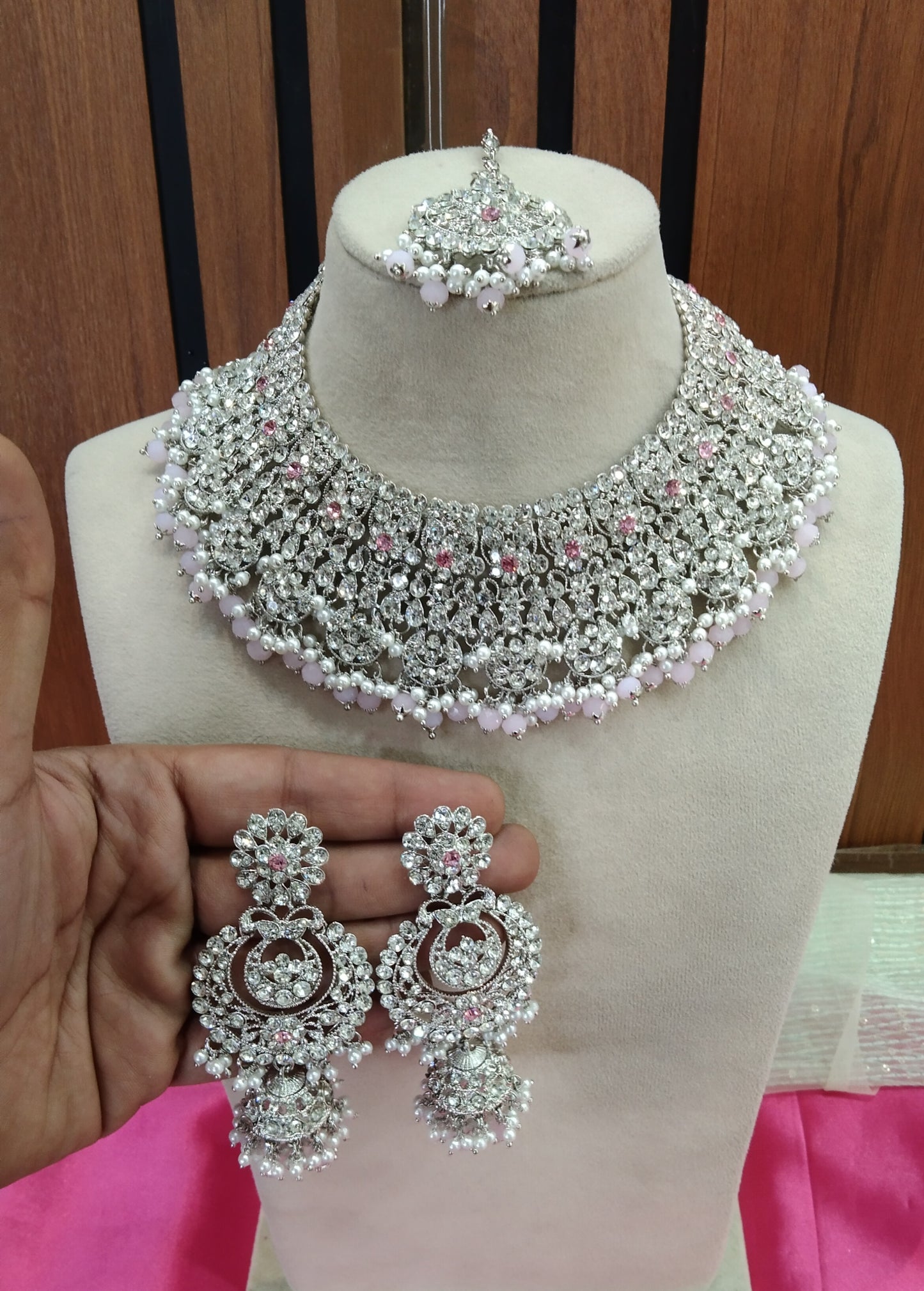 Silver Pink Necklace Jewellery Perm Set