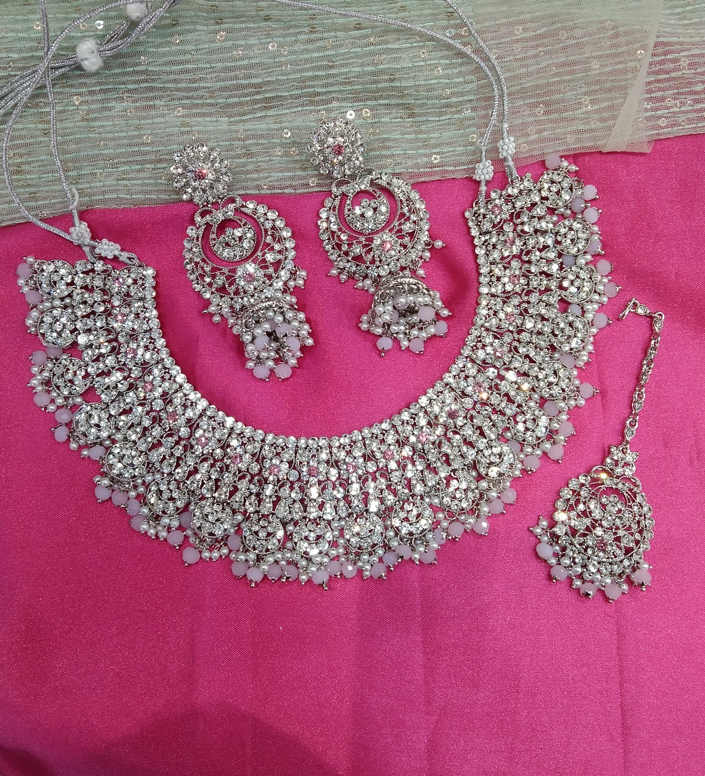 Silver Pink Necklace Jewellery Perm Set