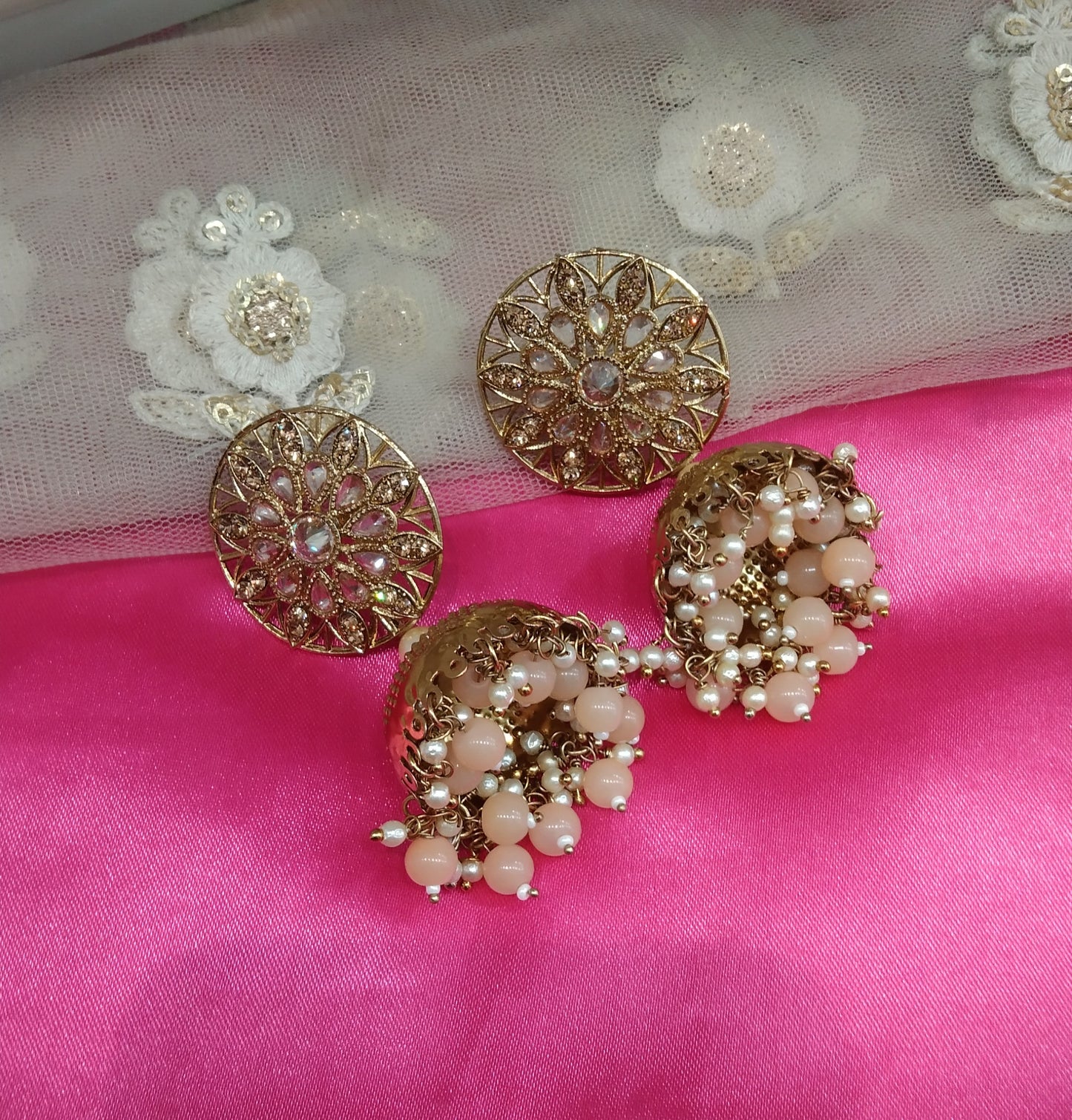 Peach Kundan Jhumka Sam Bollywood Earrings