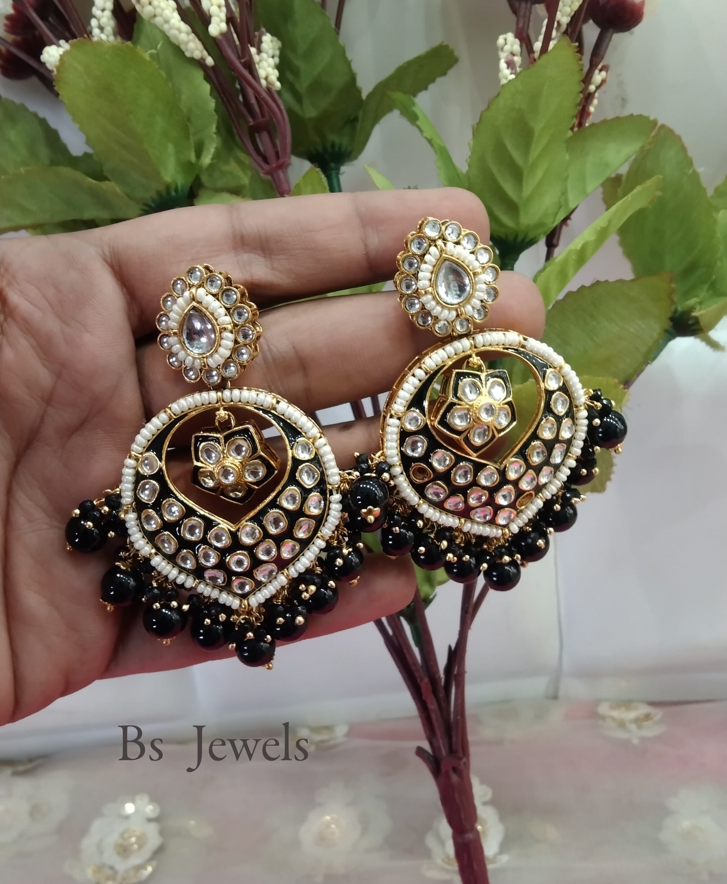 Black Kundan Stand Bollywood Earrings