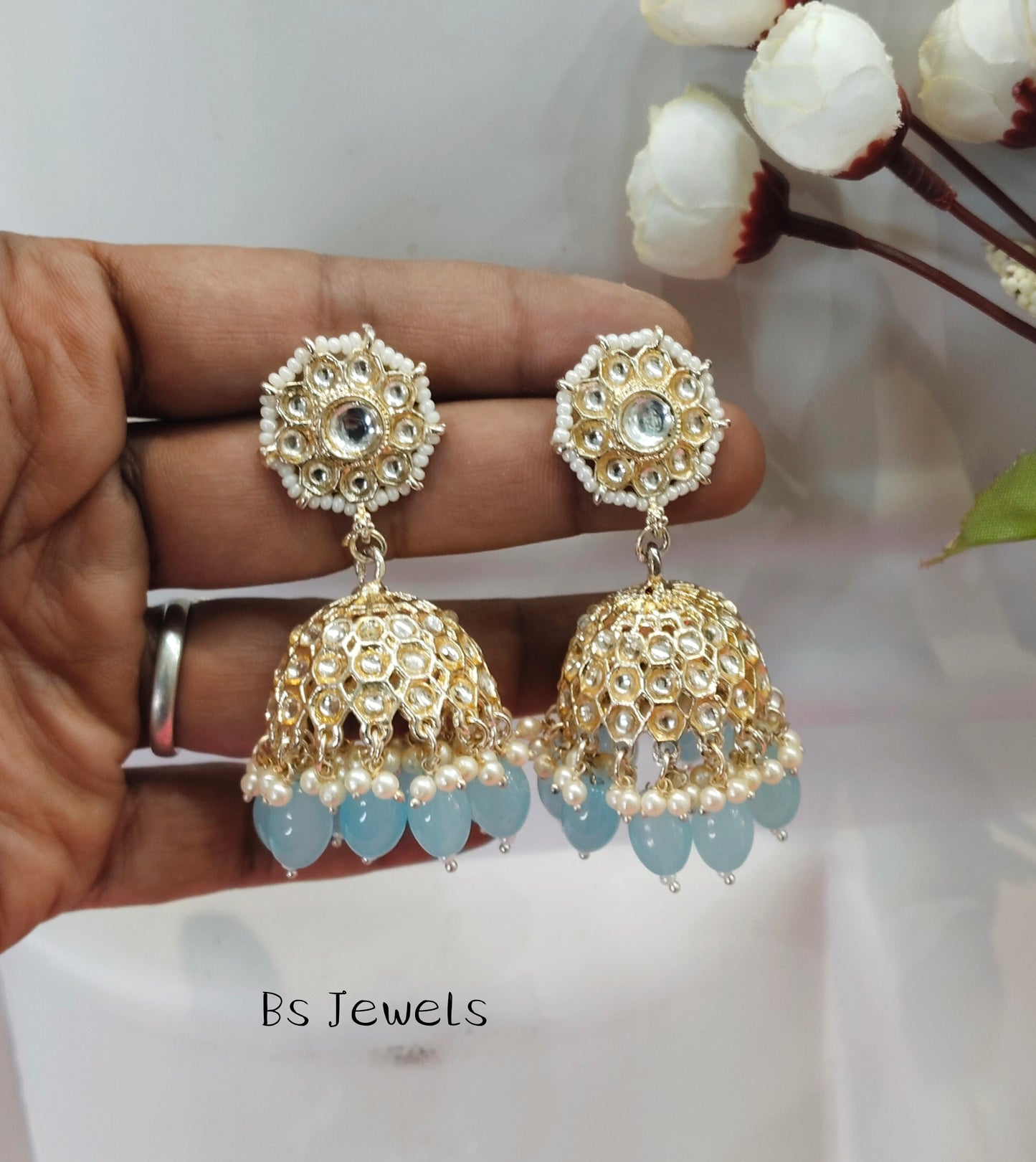 Sea Green Kundan Jhumka How Bollywood Earrings