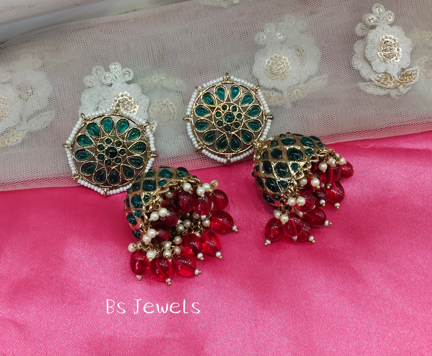 Green Majenta Kundan Jhumka Asia Bollywood Earrings