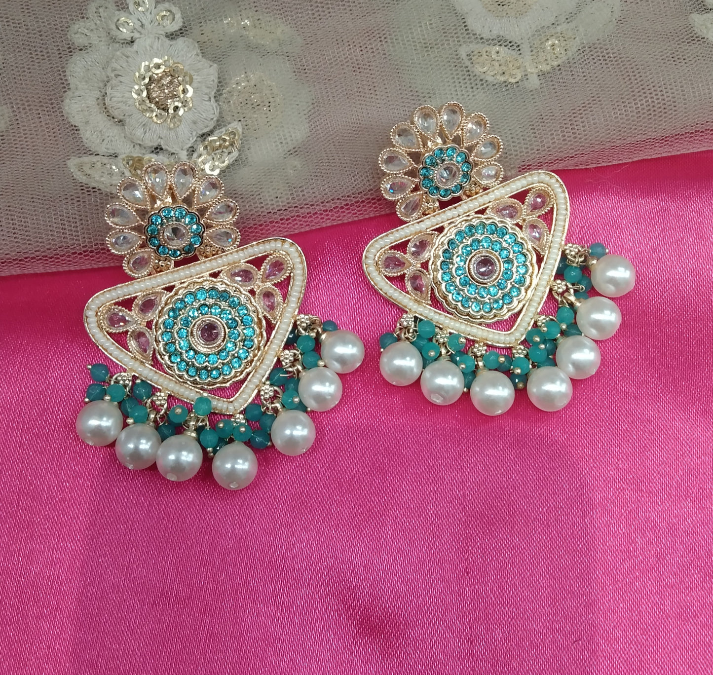 Sky Blue Kundan Sher Bollywood Earrings