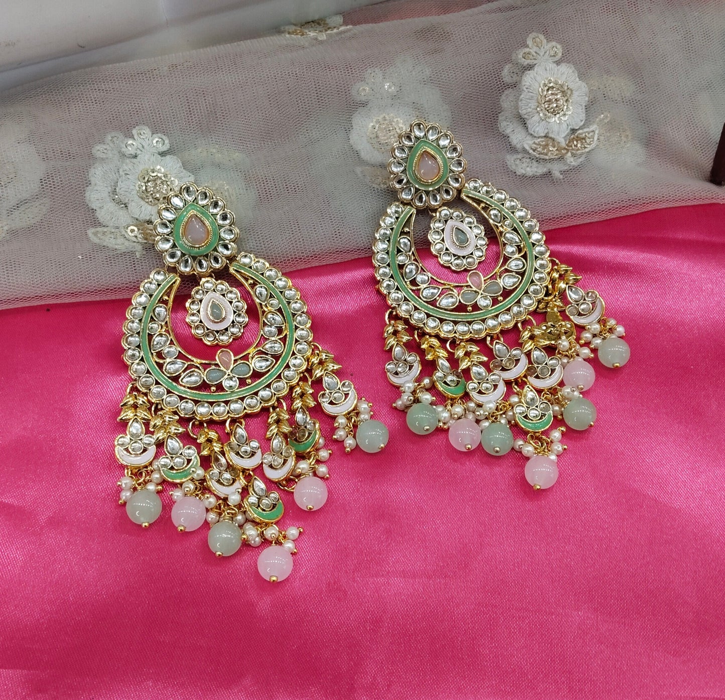 Mint Pink Kundan Hilda Bollywood Earrings