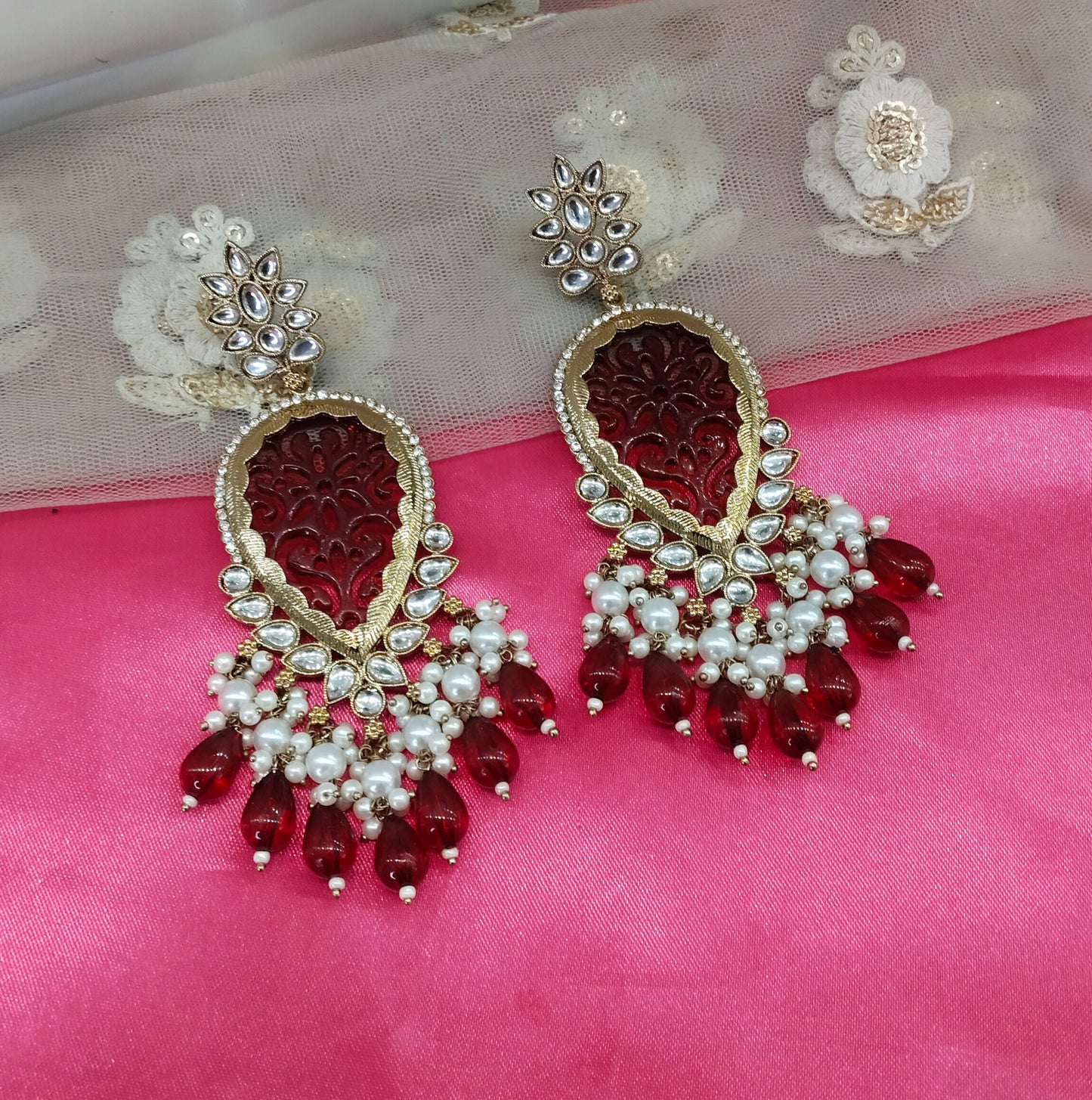 Maroon Kundan Charui Bollywood Earrings