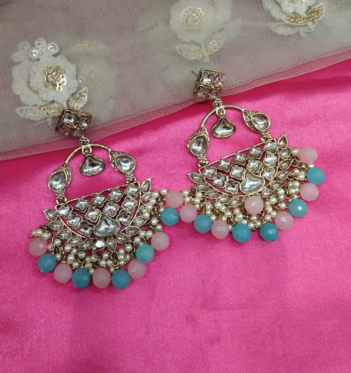 Sky Blue Pink Kundan Tiger Bollywood Earrings