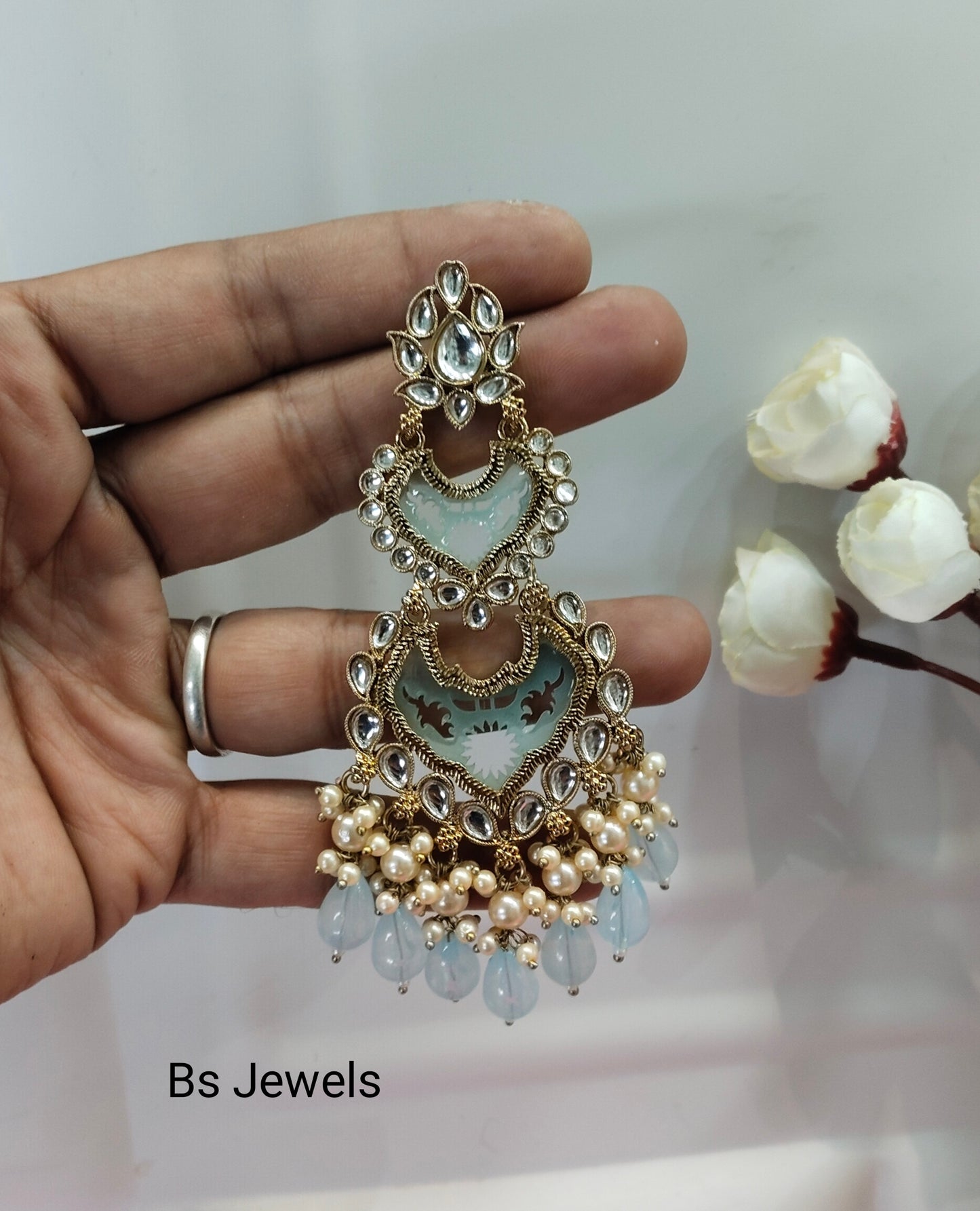 Sky Blue Kundan Charui Bollywood Earrings