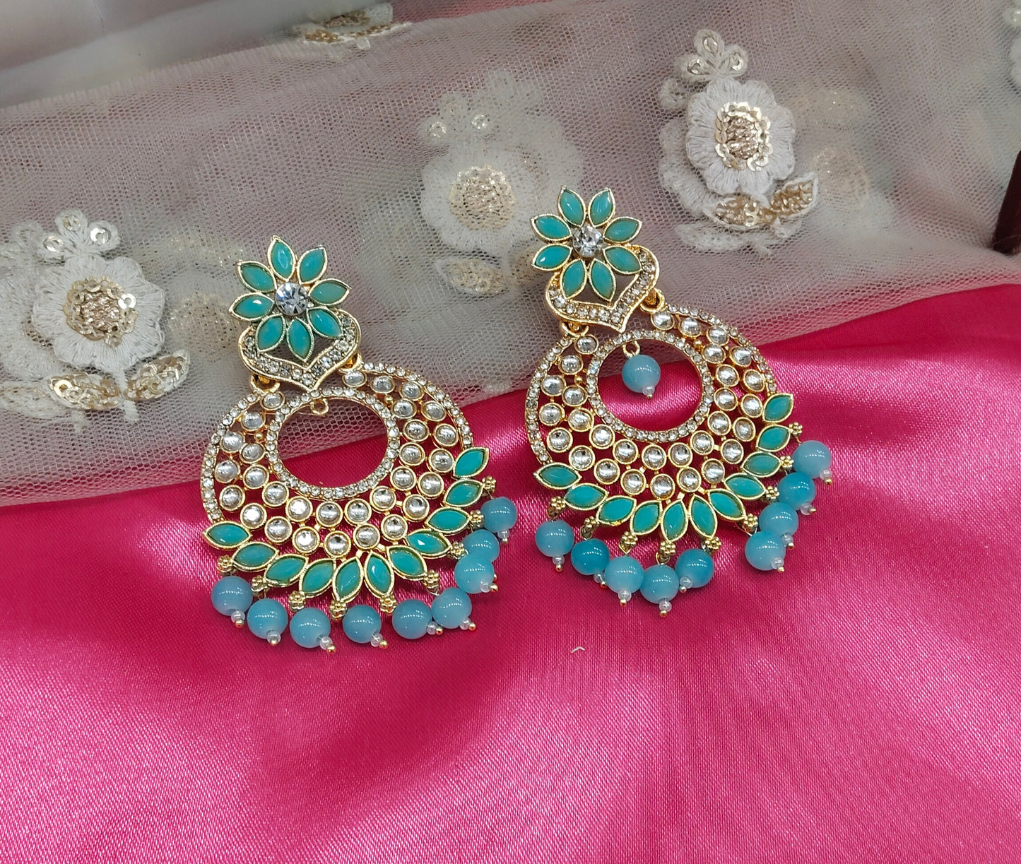 Sky Blue Kundan Star Bollywood Earrings