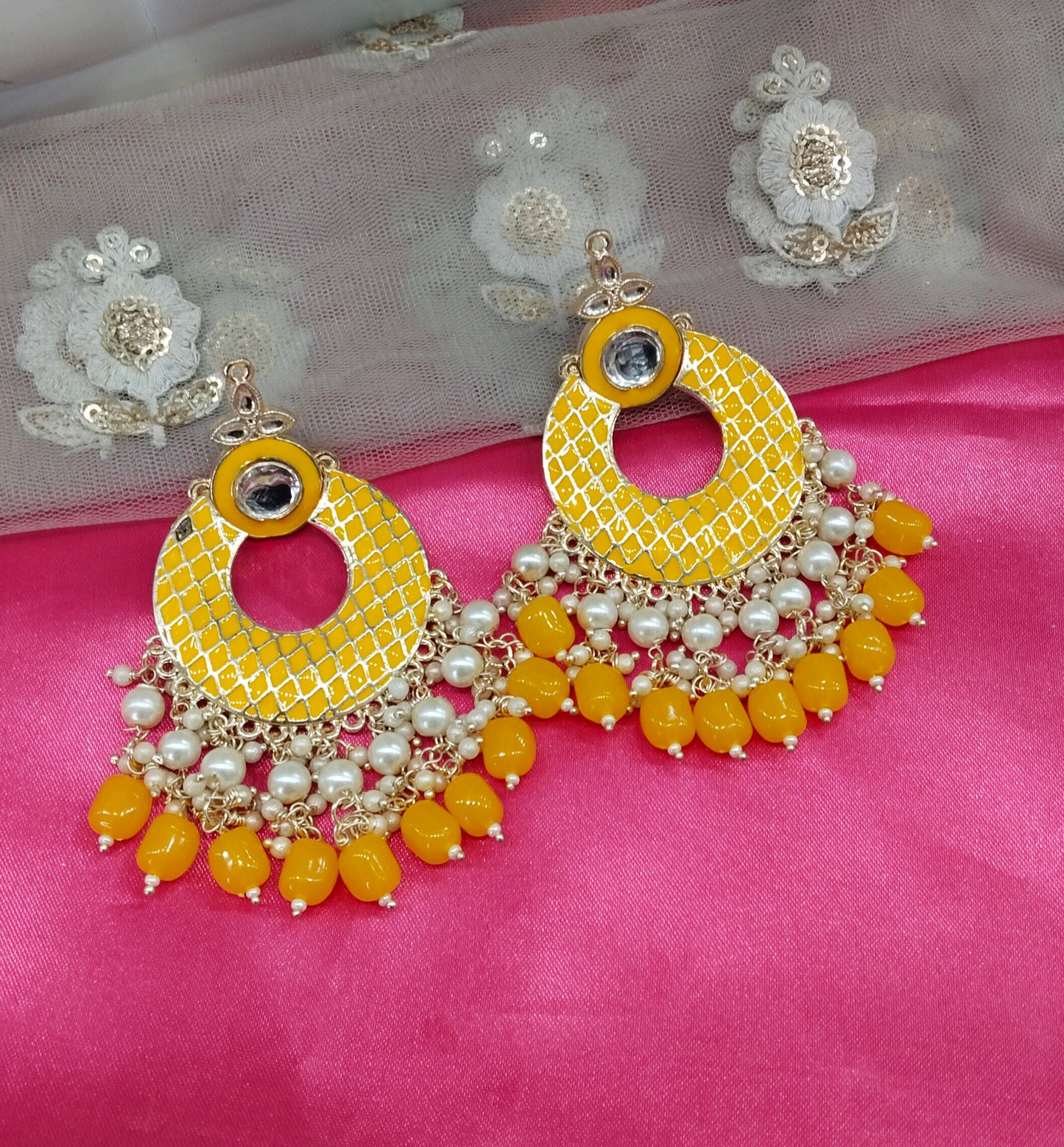 Yellow Enamel Kudi Bollywood Earrings