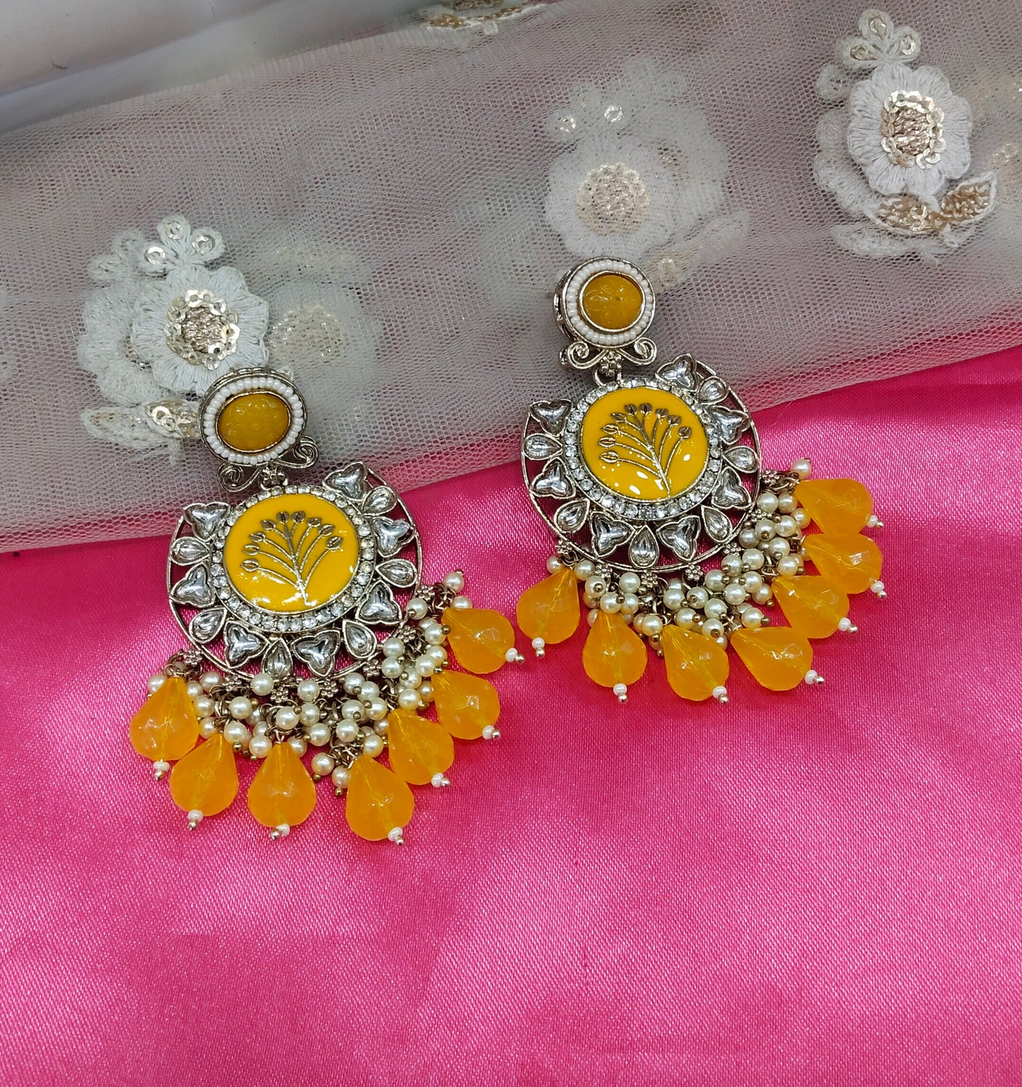 Yellow Kundan Sher Bollywood Earrings