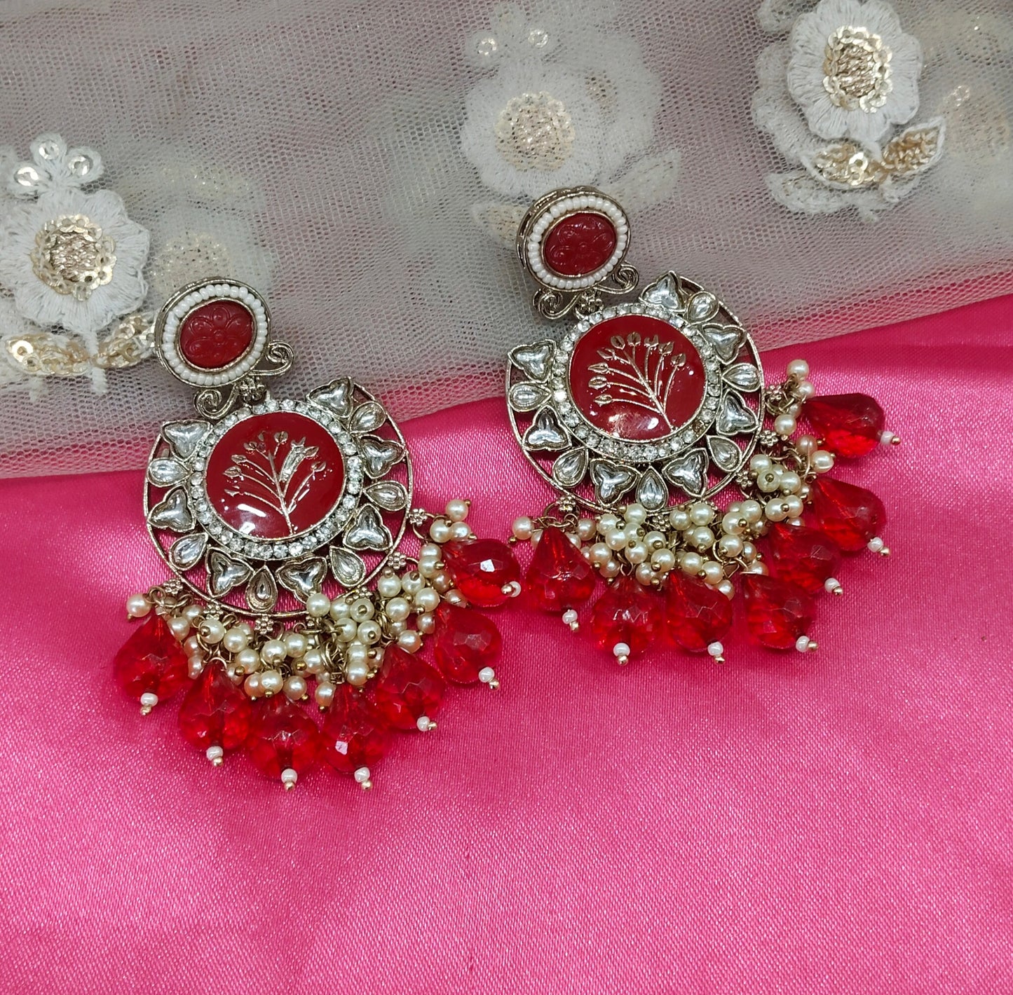 Red Kundan Sher Bollywood Earrings
