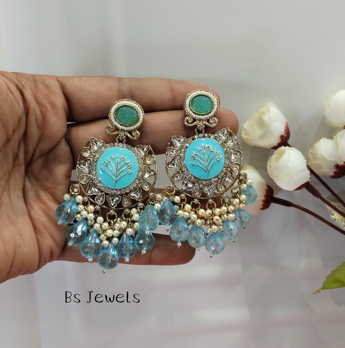 Sky Blue Kundan Sher Bollywood Earrings