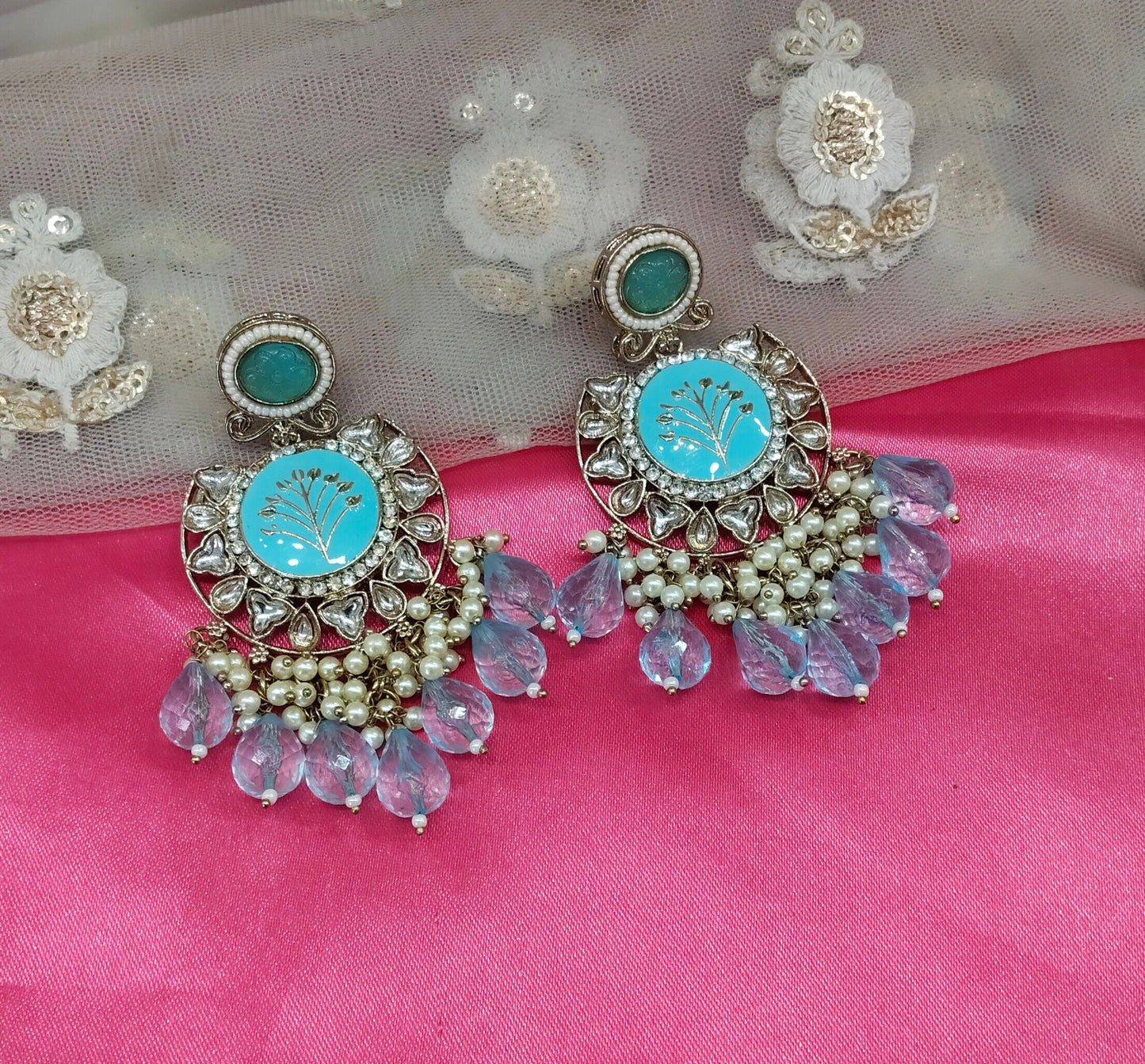 Sky Blue Kundan Sher Bollywood Earrings