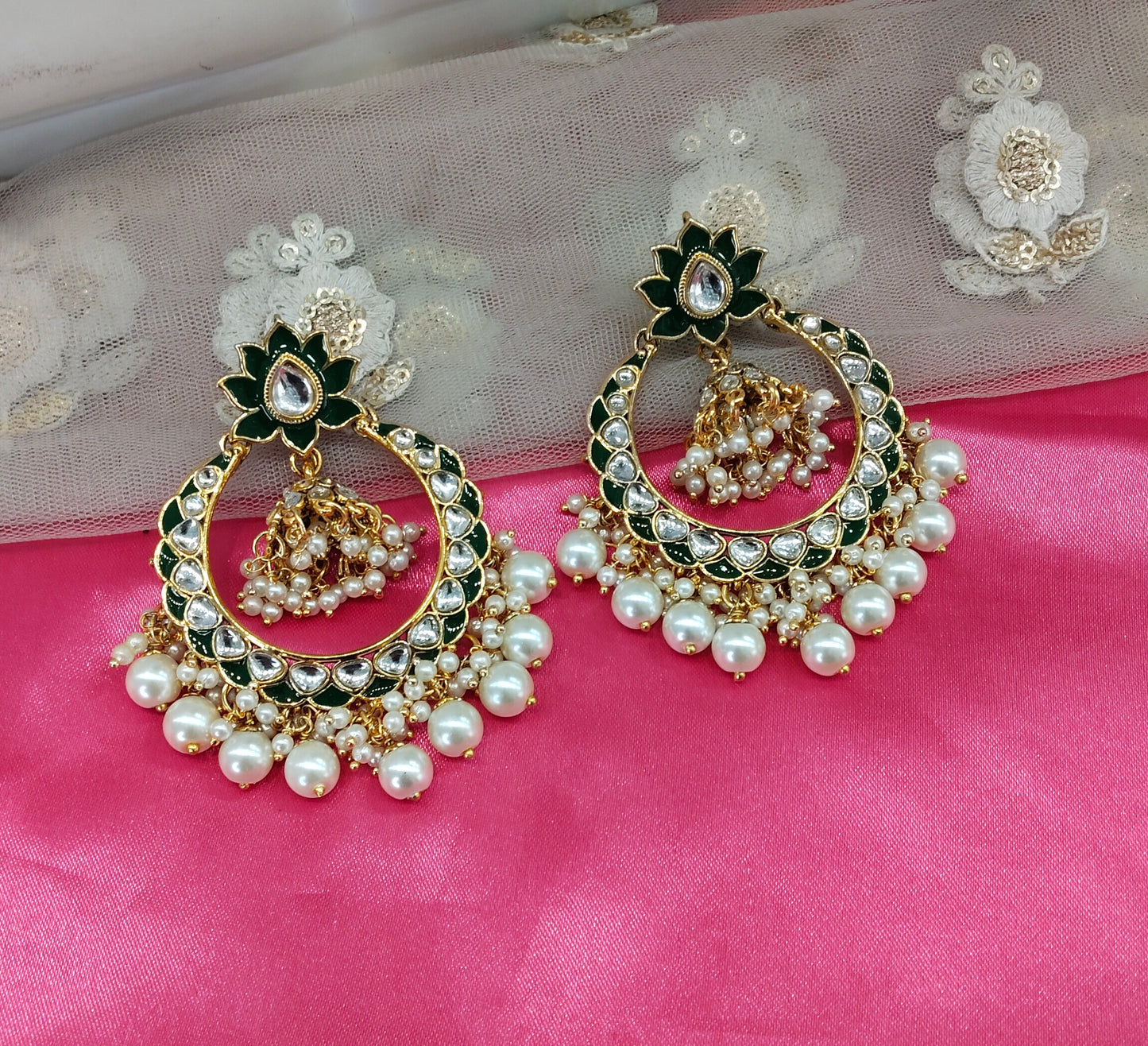 White Kundan ChandBali Jhumka Explore Bollywood Earrings